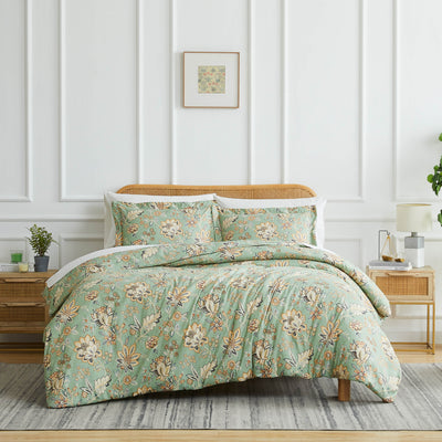 Front View of Jacobean Floral Duvet Cover Set in Green#color_jacobean-floral-green