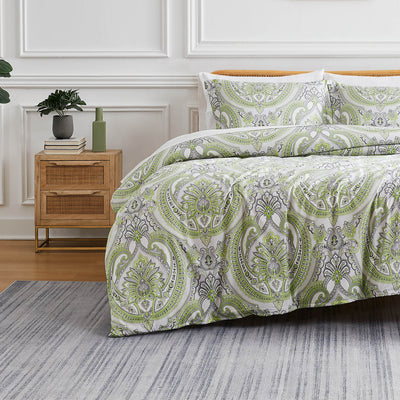 Front View of Sing to Me Duvet Cover Set in Green#color_sing-to-me-green