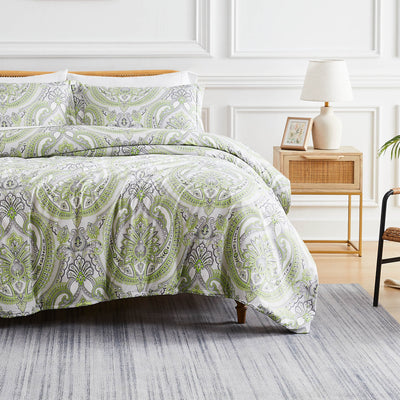 Front View of Sing to Me Duvet Cover Set in Green#color_sing-to-me-green