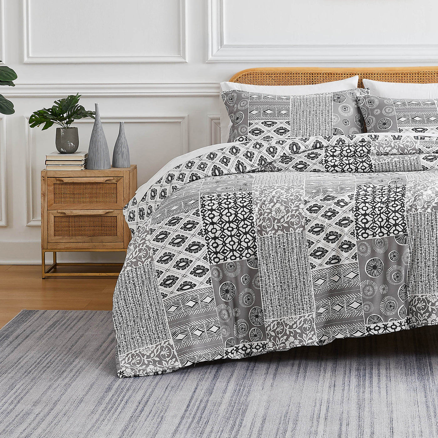 Front View of World Song Duvet Cover Set in Grey#color_world-song-grey