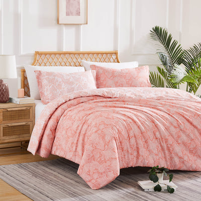 Angled View of Sacred Journey Reversible Duvet Cover Set in Coral Haze#color_sacred-journey-coral-haze