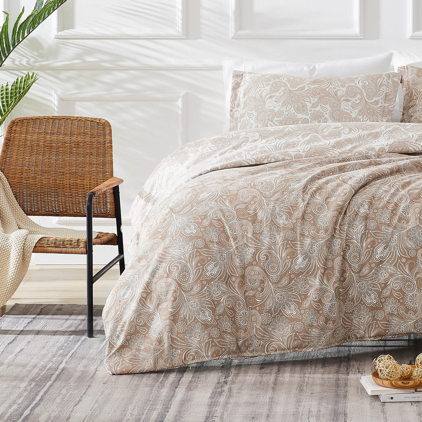 Front View of Sacred Journey Reversible Duvet Cover Set in Taupe#color_sacred-journey-taupe