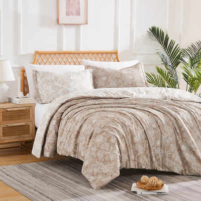 Angled View of Sacred Journey Reversible Duvet Cover Set in Taupe#color_sacred-journey-taupe