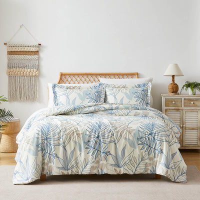 Top View of Palm Leaf Duvet Cover Set in blue#color_palm-leaf-blue