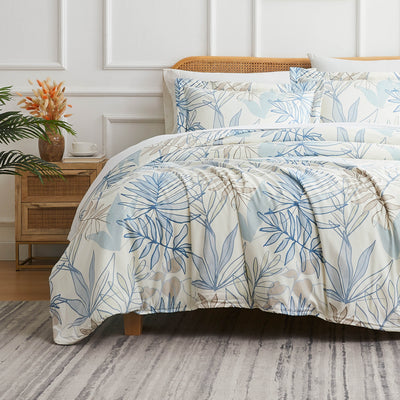 Front View of Palm Leaf Duvet Cover Set in blue#color_palm-leaf-blue