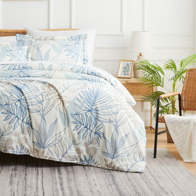 Front View of Palm Leaf Duvet Cover Set in blue#color_palm-leaf-blue