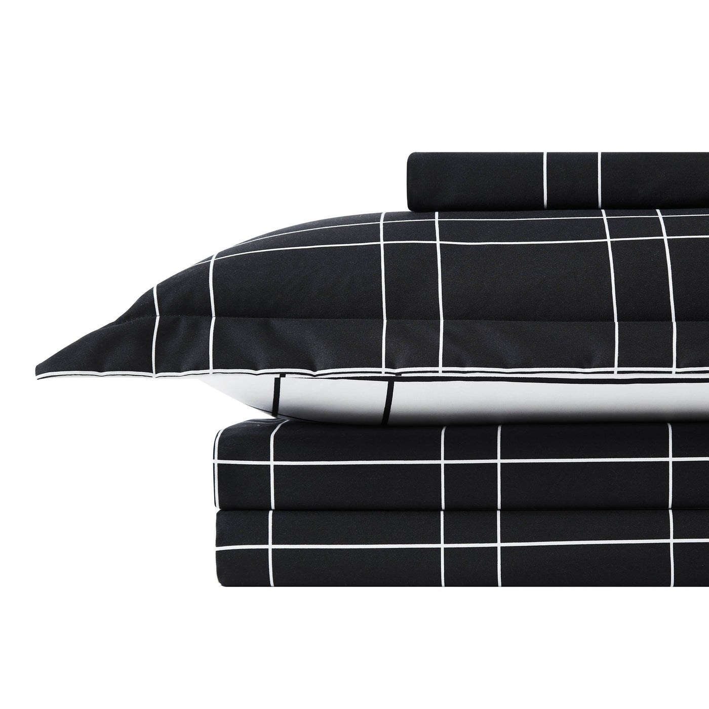 Stack Image of Modern Check Reversible Duvet Cover Set in Black #color_modern-check-black