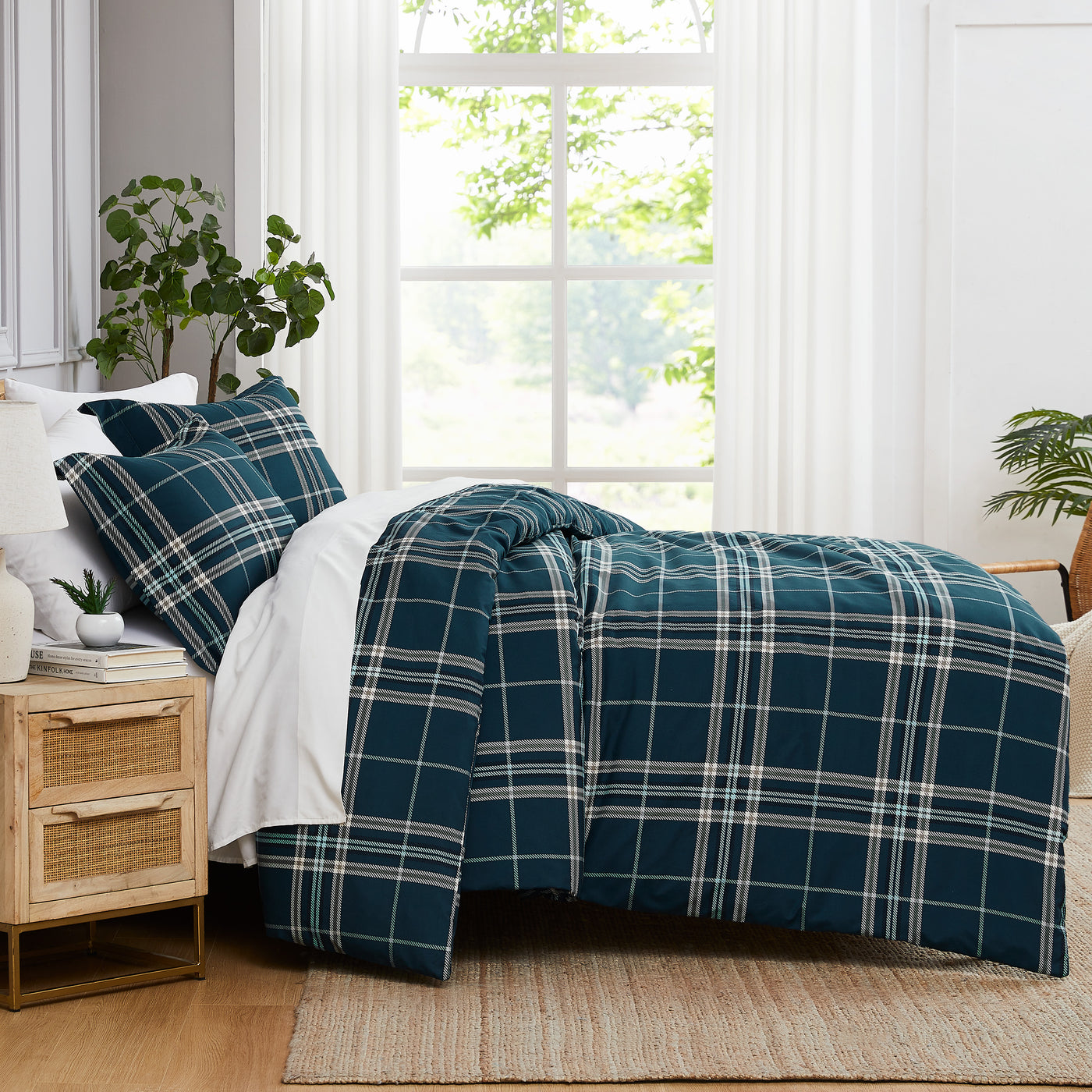 Side View of Purely Plaid Duvet Cover Set in Blue#color_plaid-blue