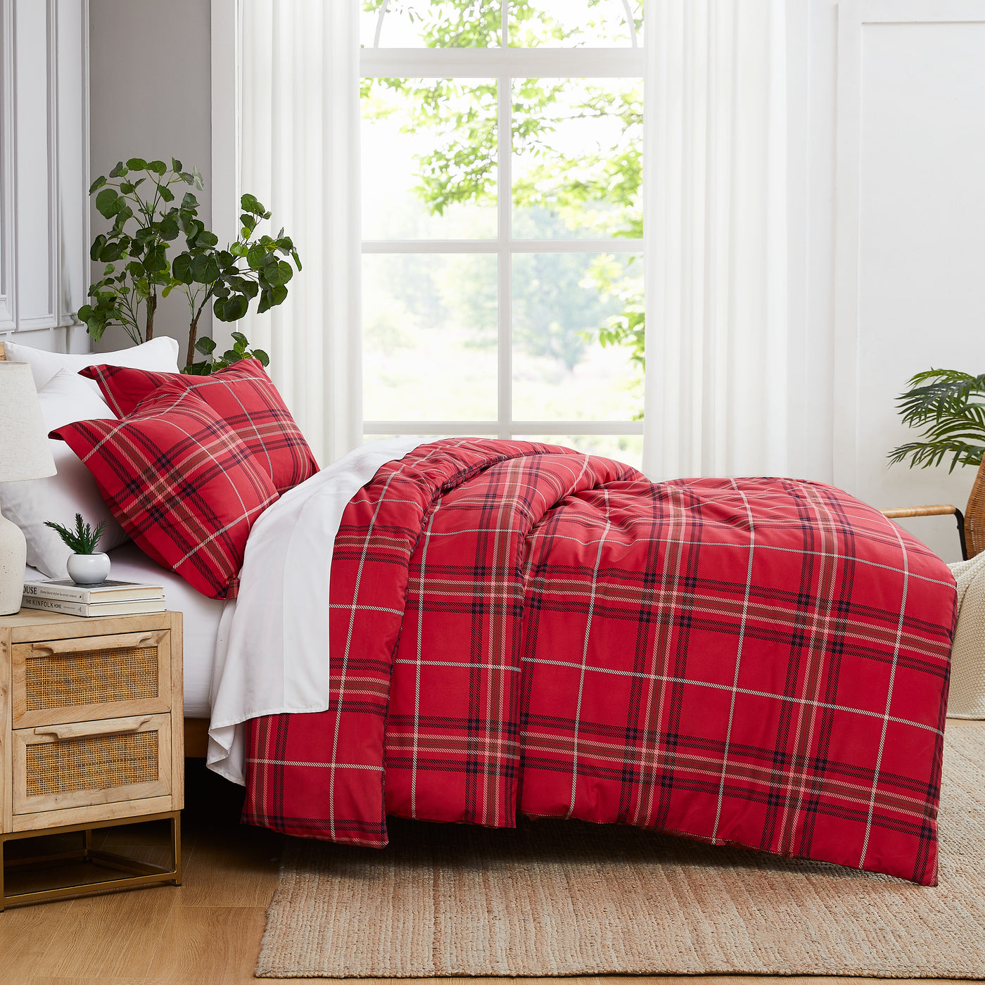 Side View of Purely Plaid Duvet Cover Set in Red#color_plaid-red