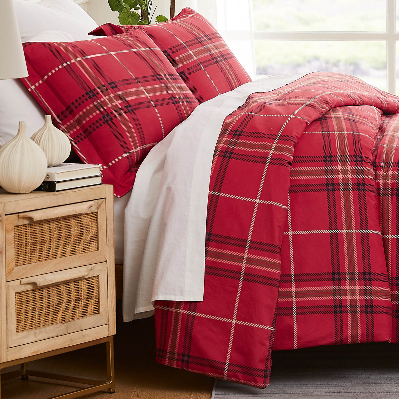 Side View of Purely Plaid Duvet Cover Set in Red#color_plaid-red