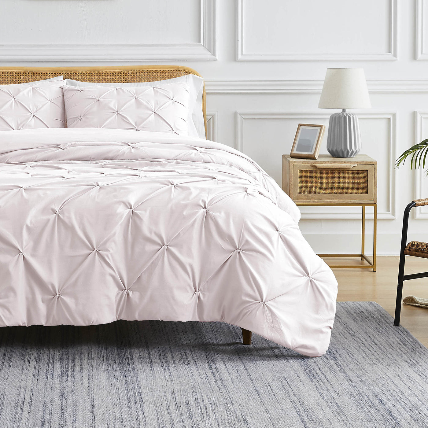 Front View of Pinch Pleated Pintuck Duvet Cover Set in Bone#color_pintuck-bone