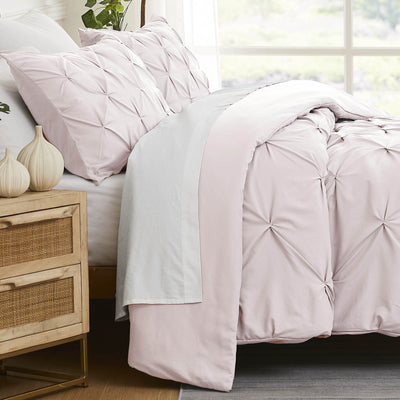 Side View of Pinch Pleated Pintuck Duvet Cover Set in Bone#color_pintuck-bone