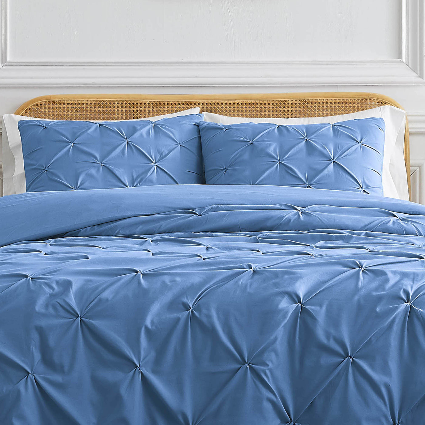 Front View of Pinch Pleated Pintuck Duvet Cover Set in Coronet Blue#color_pintuck-coronet-blue