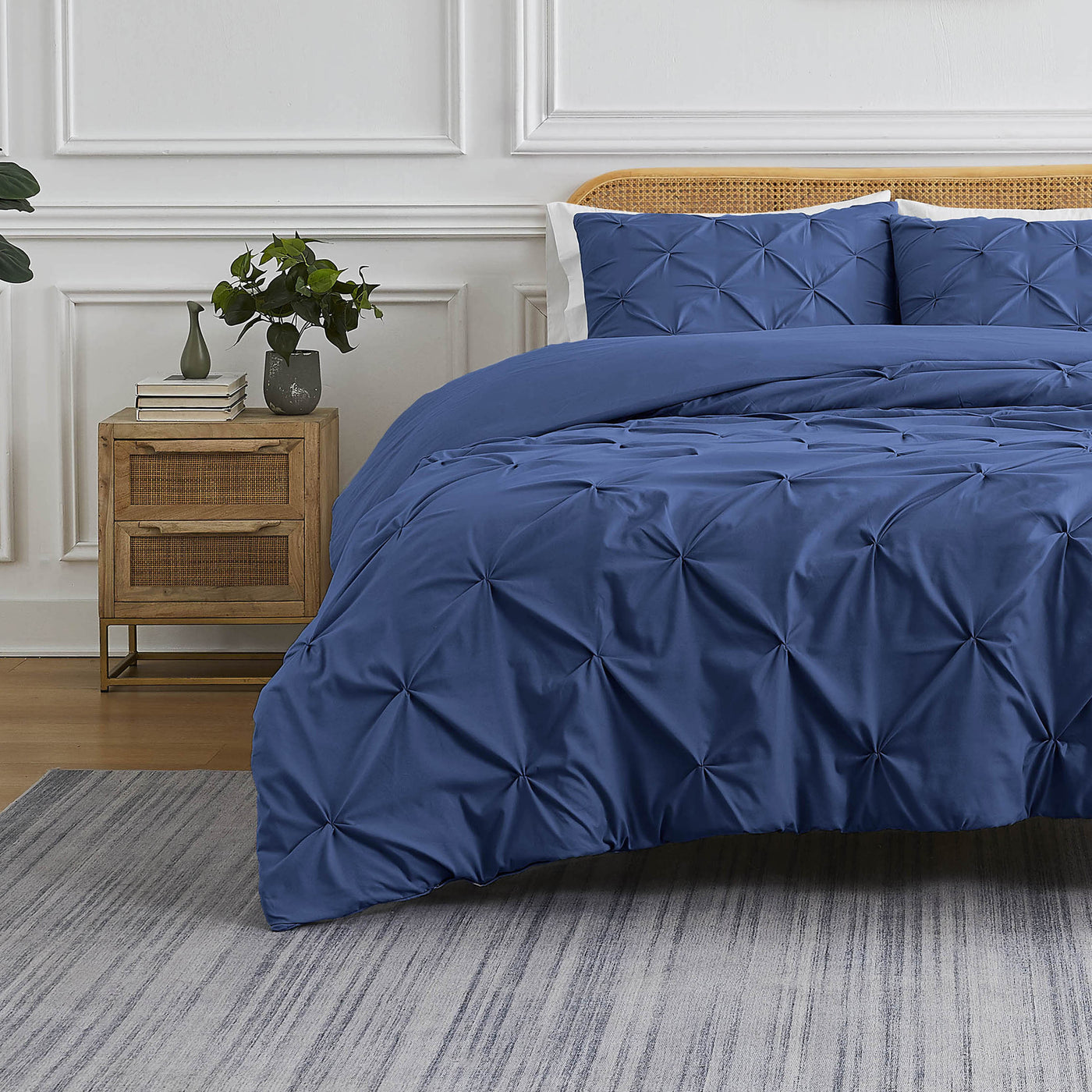 Front View of Pinch Pleated Pintuck Duvet Cover Set in Dark Blue#color_pintuck-dark-blue