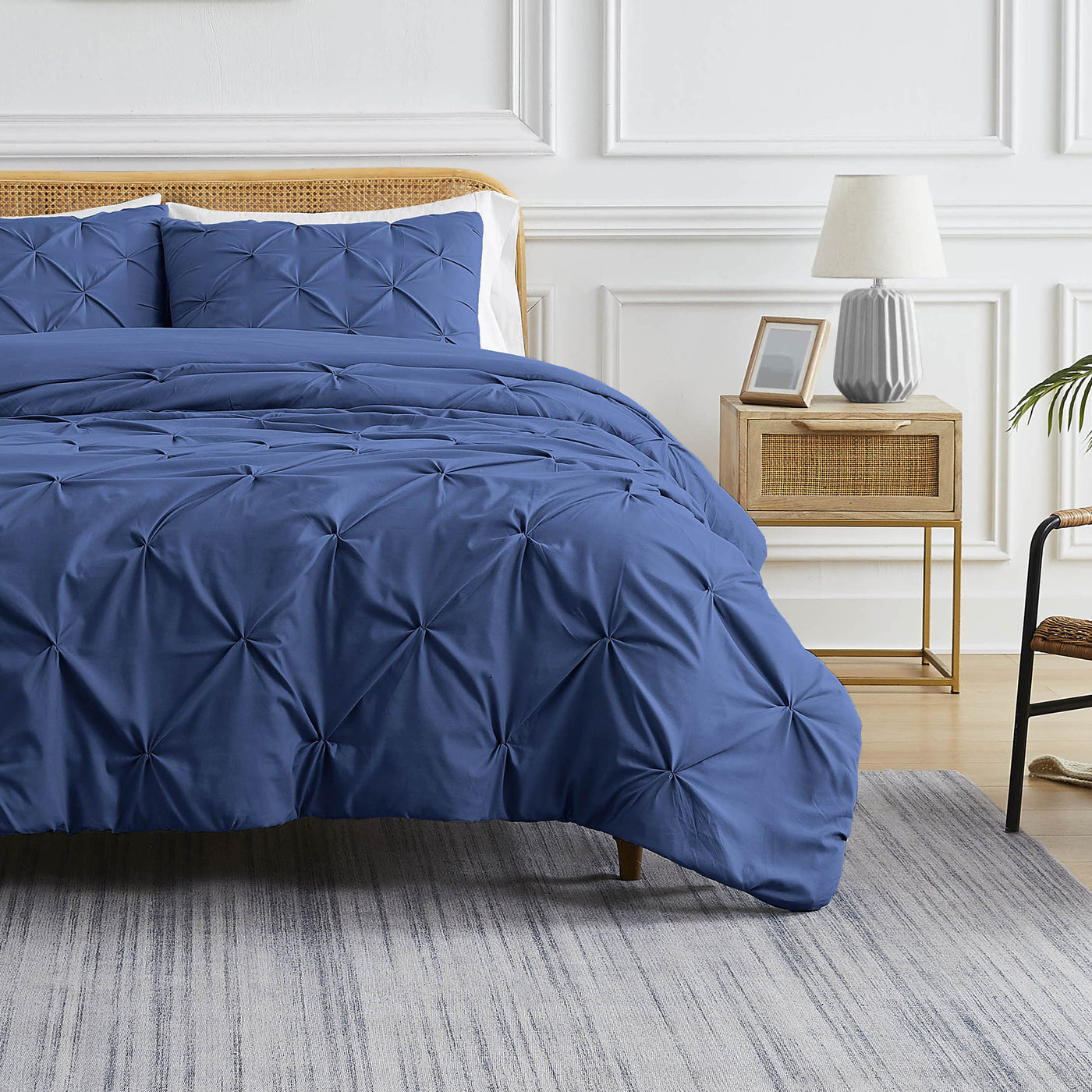 Front View of Pinch Pleated Pintuck Duvet Cover Set in Dark Blue#color_pintuck-dark-blue