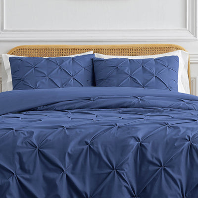 Front View of Pinch Pleated Pintuck Duvet Cover Set in Dark Blue#color_pintuck-dark-blue