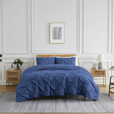 Front View of Pinch Pleated Pintuck Duvet Cover Set in Dark Blue#color_pintuck-dark-blue