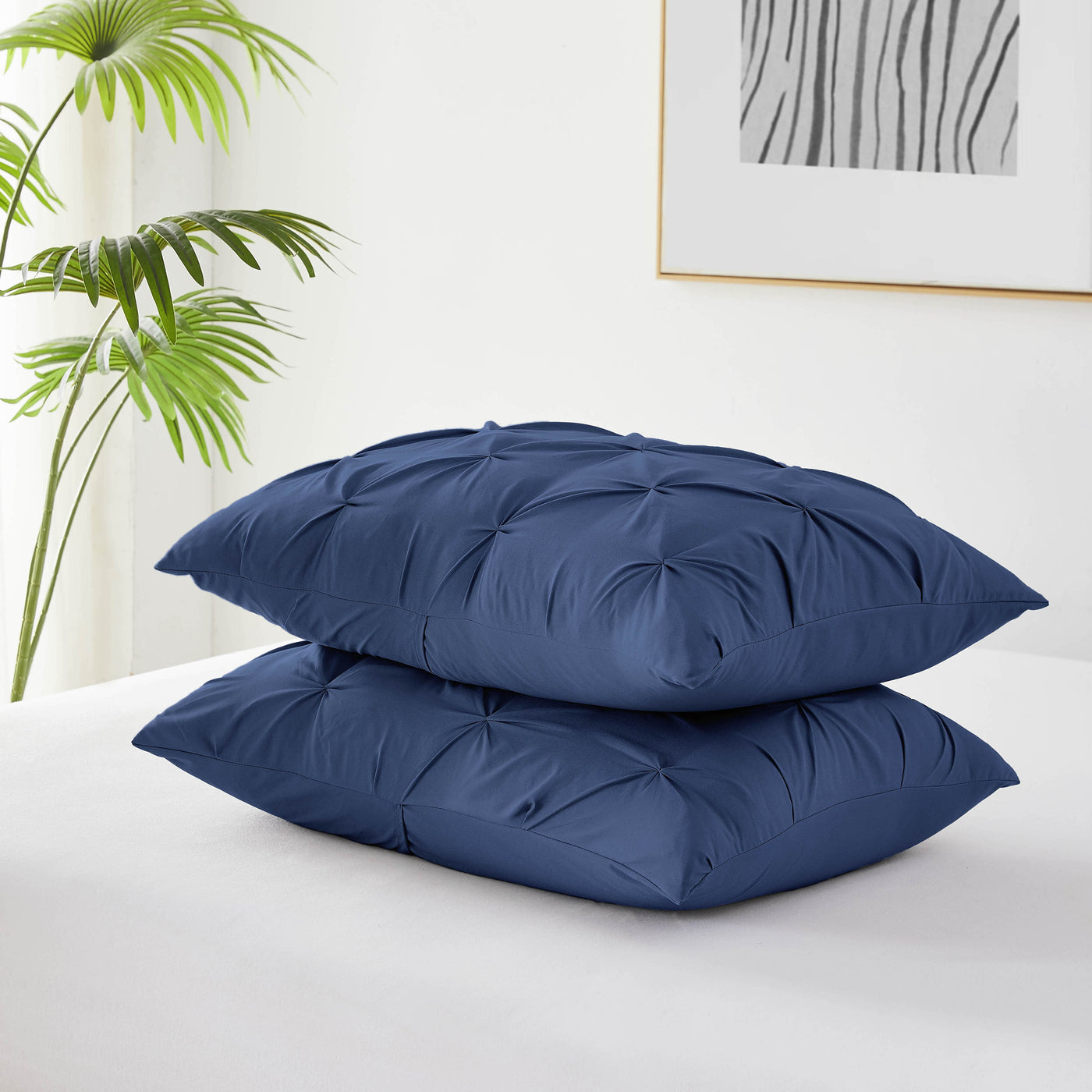 Detailed Shams Image of Pinch Pleated Pintuck Duvet Cover Set in Dark Blue#color_pintuck-dark-blue