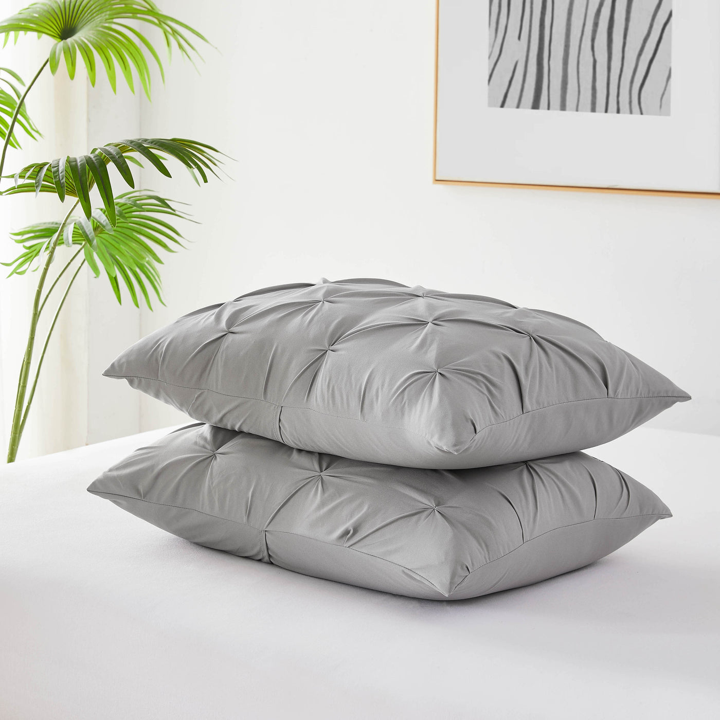 Detailed Shams Image of Pinch Pleated Pintuck Duvet Cover Set in Steel Grey#color_pintuck-steel-grey