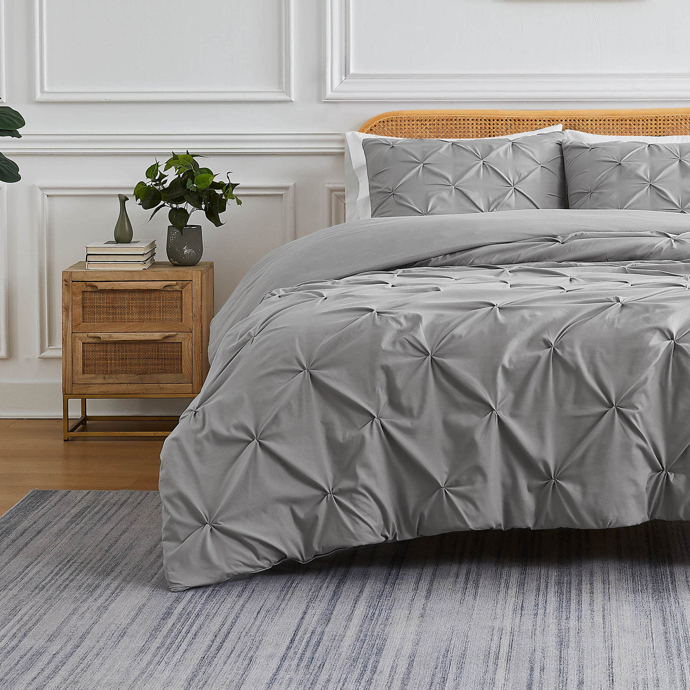 Front View of Pinch Pleated Pintuck Duvet Cover Set in Steel Grey#color_pintuck-steel-grey