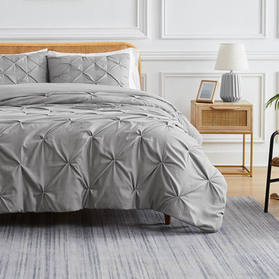 Front View of Pinch Pleated Pintuck Duvet Cover Set in Steel Grey#color_pintuck-steel-grey