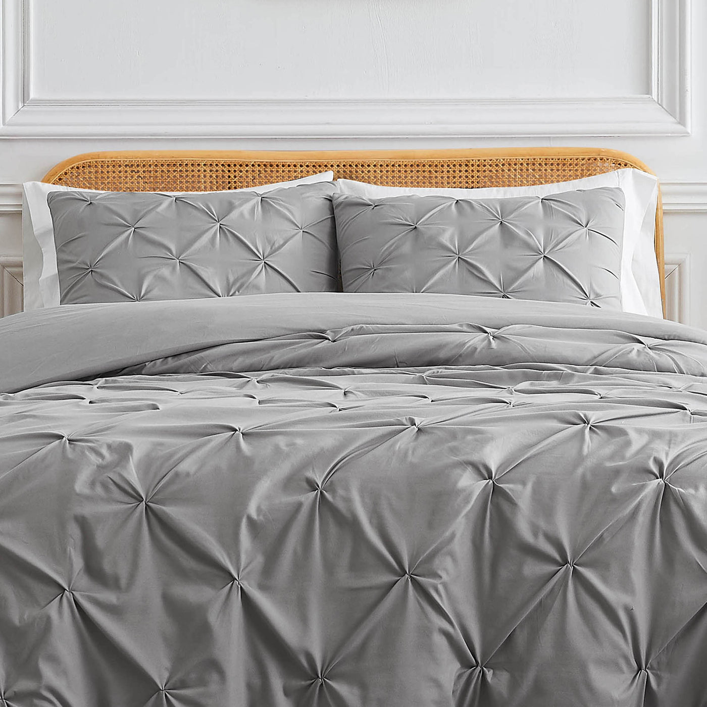 Front View of Pinch Pleated Pintuck Duvet Cover Set in Steel Grey#color_pintuck-steel-grey