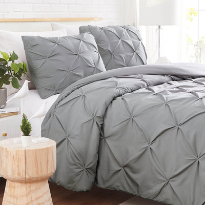 Side View of Pinch Pleated Pintuck Duvet Cover Set in Steel Grey#color_pintuck-steel-grey