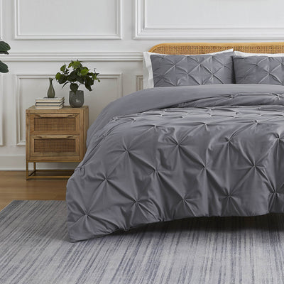 Front View of Pinch Pleated Pintuck Duvet Cover Set in Slate#color_pintuck-slate