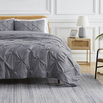 Front View of Pinch Pleated Pintuck Duvet Cover Set in Slate#color_pintuck-slate