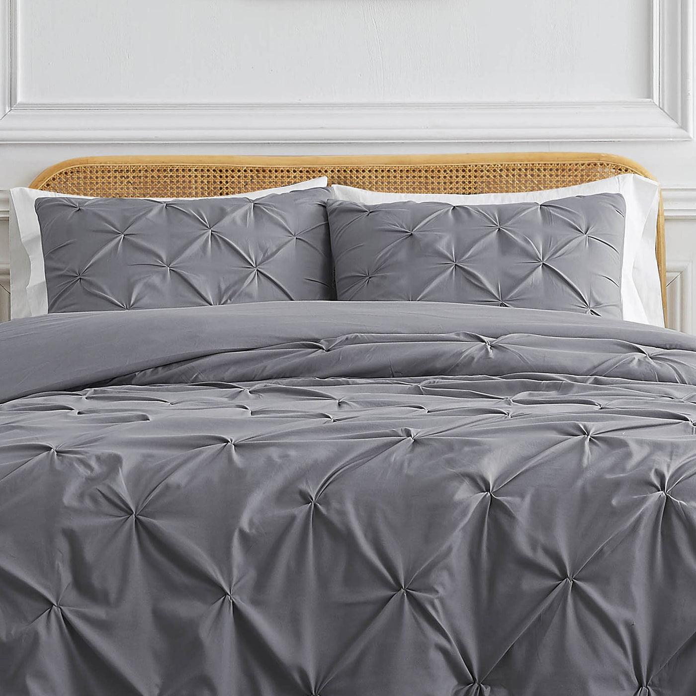 Front View of Pinch Pleated Pintuck Duvet Cover Set in Slate#color_pintuck-slate