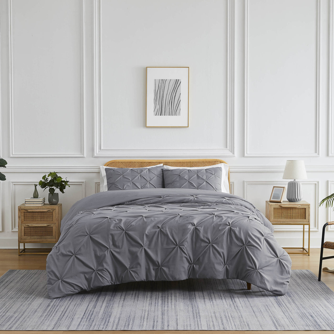 Front View of Pinch Pleated Pintuck Duvet Cover Set in Slate#color_pintuck-slate