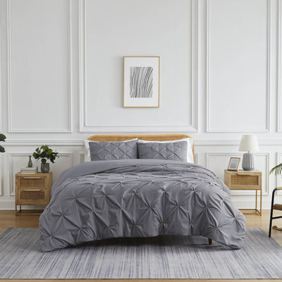 Front View of Pinch Pleated Pintuck Duvet Cover Set in Slate#color_pintuck-slate