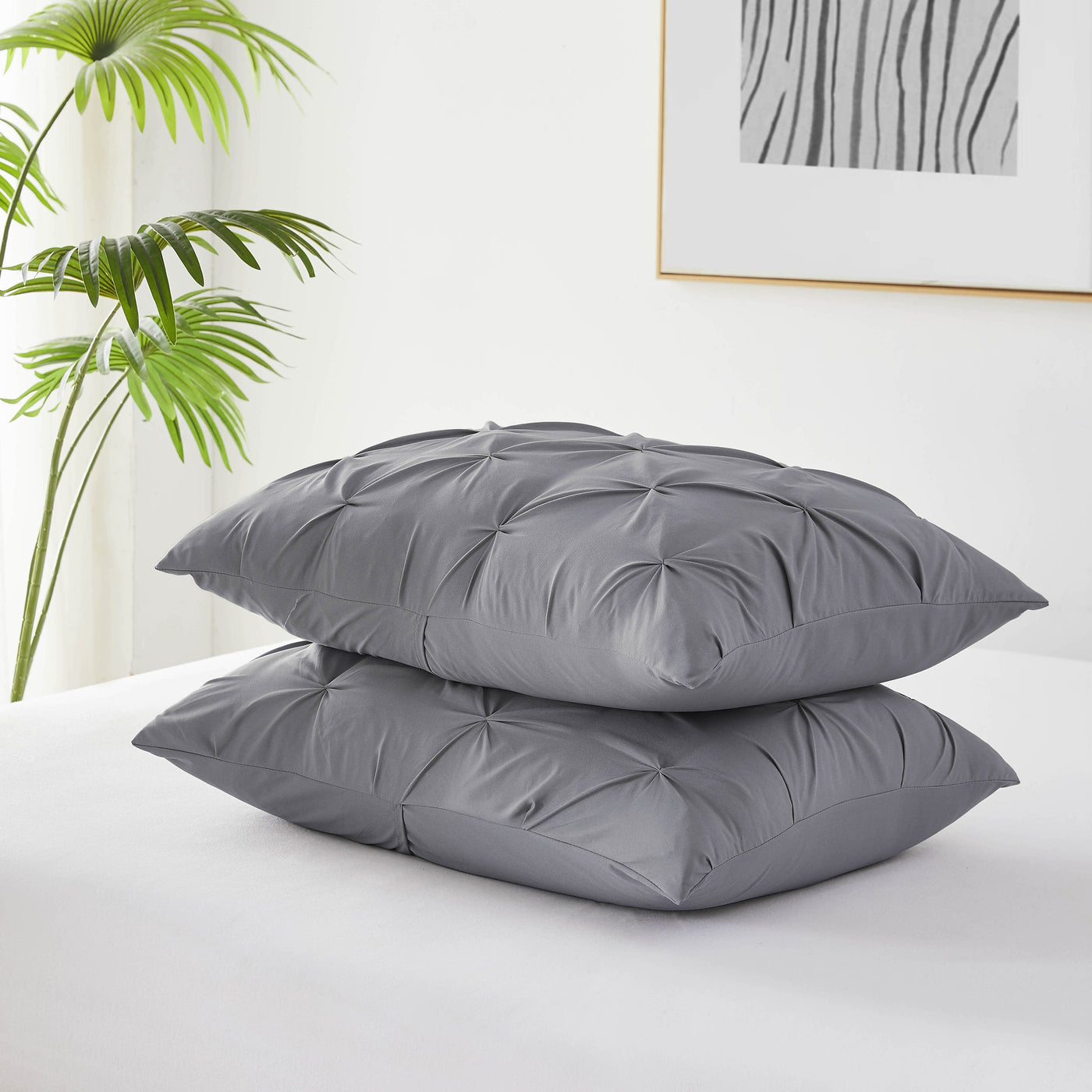 Detailed Shams Image of Pinch Pleated Pintuck Duvet Cover Set in Slate#color_pintuck-slate