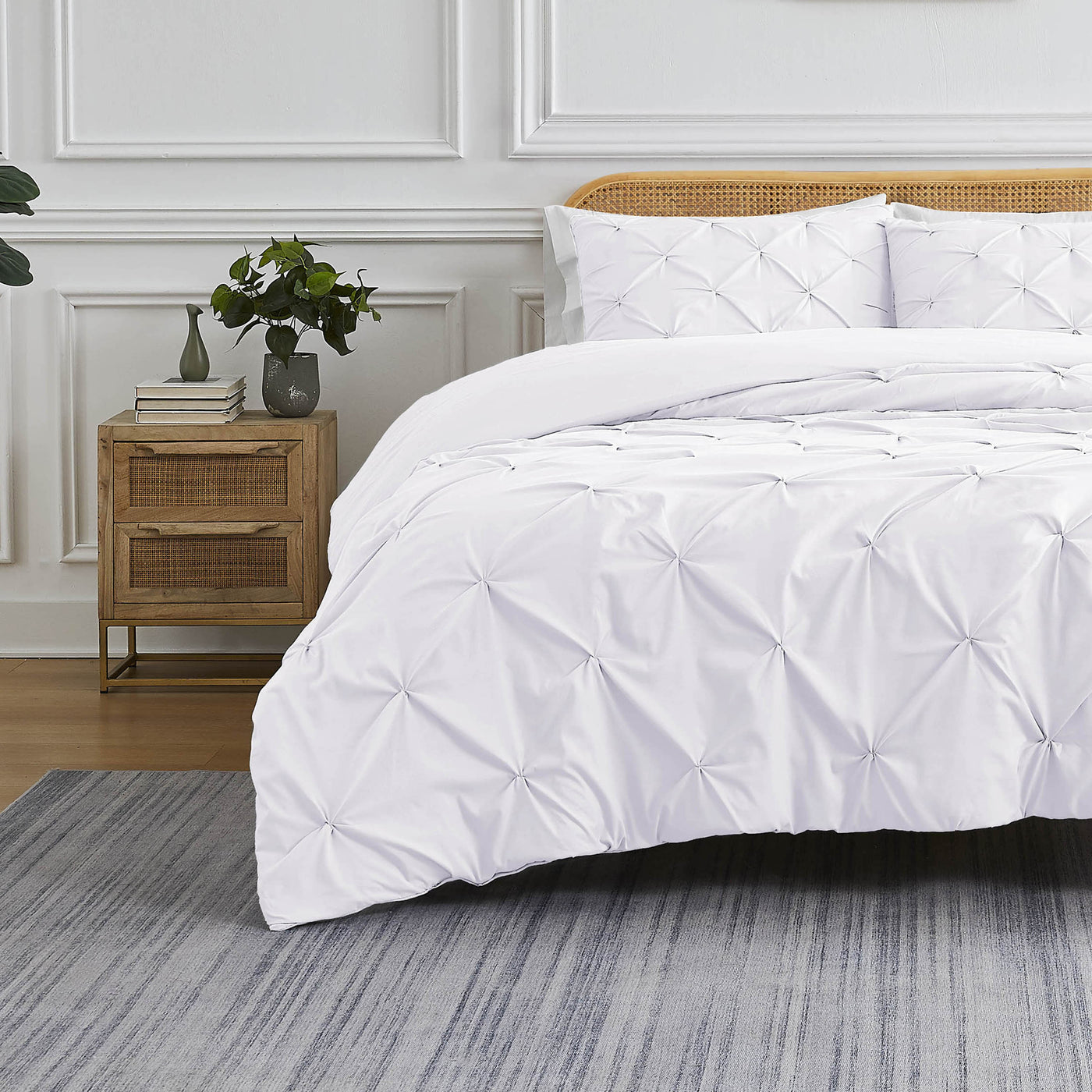 Front View of Pinch Pleated Pintuck Duvet Cover Set in White#color_pintuck-white