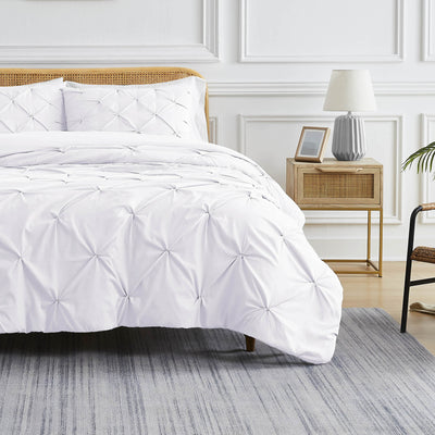 Front View of Pinch Pleated Pintuck Duvet Cover Set in White#color_pintuck-white