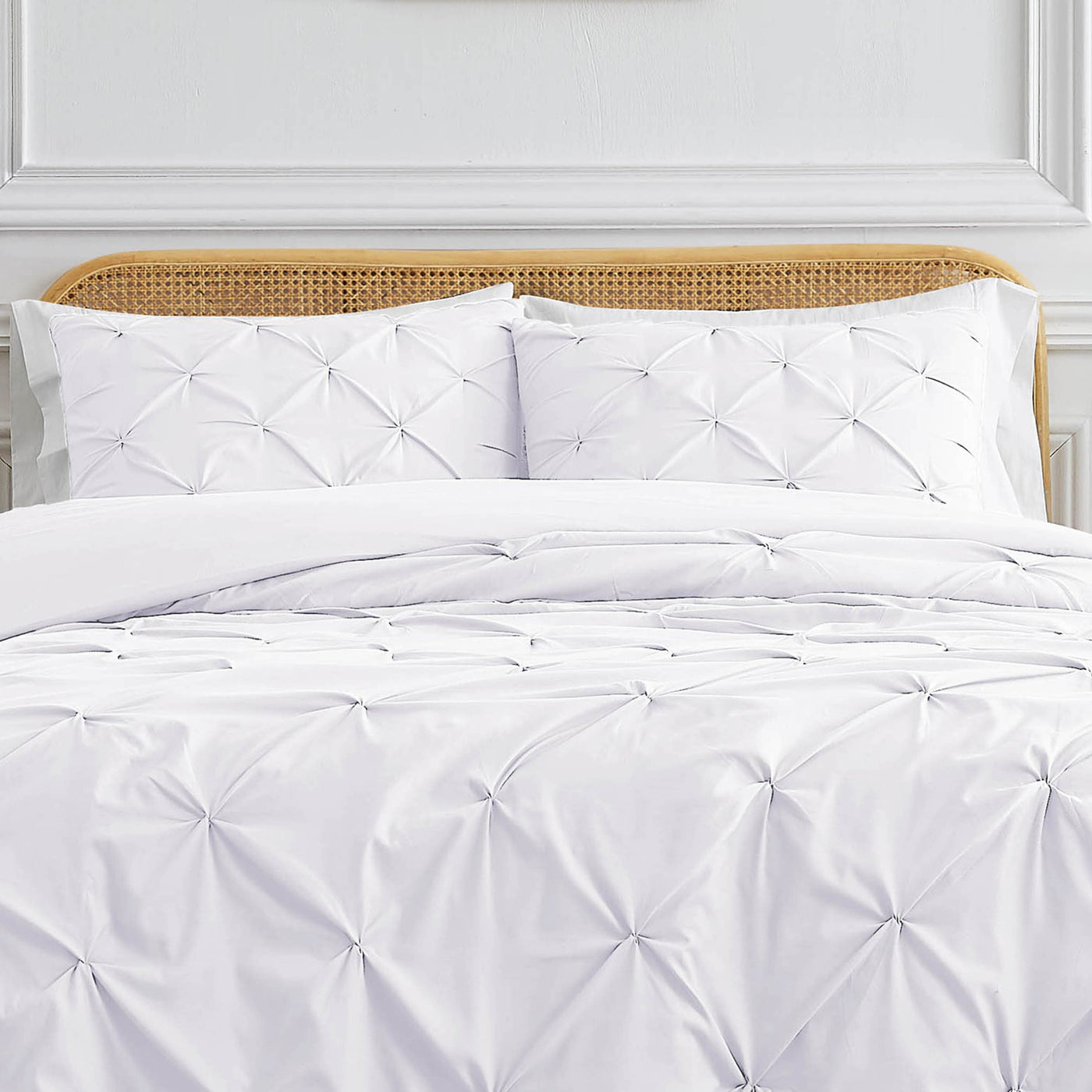 Front View of Pinch Pleated Pintuck Duvet Cover Set in White#color_pintuck-white