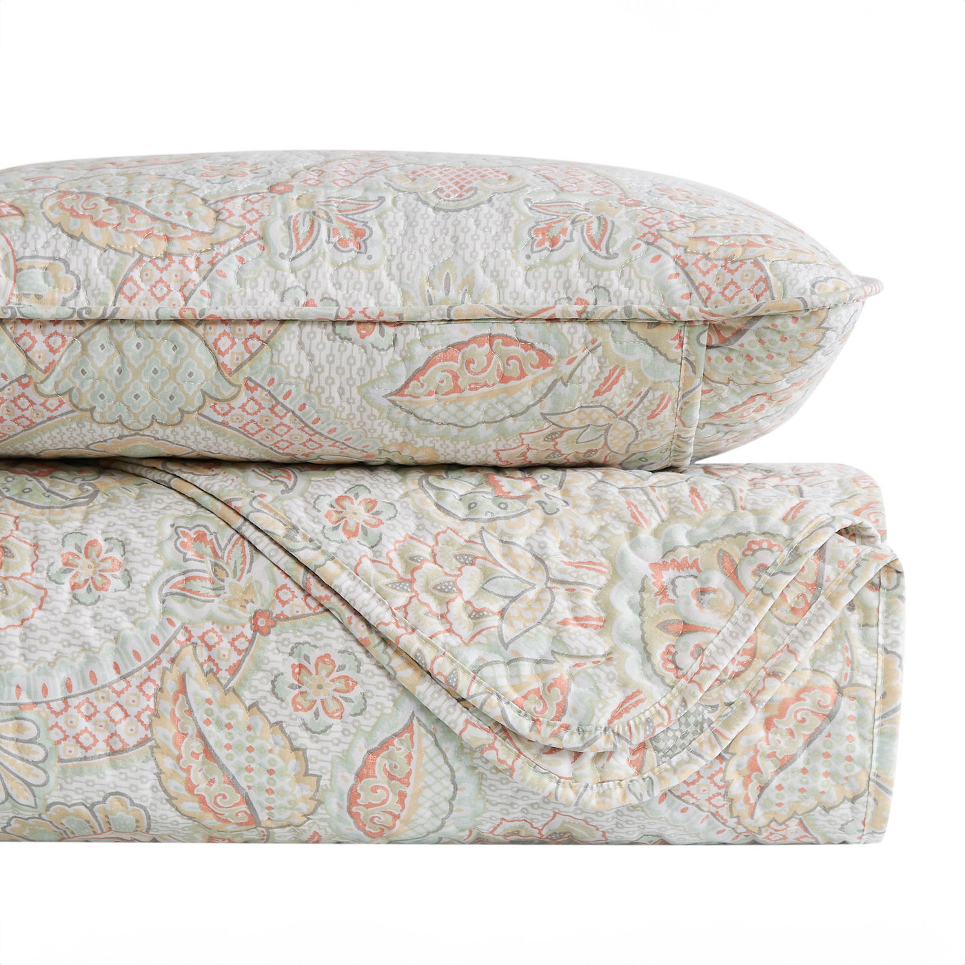 Stack Image of Bluebell Paisley Quilt Set in Coral Haze#color_bluebell-paisley-coral-haze