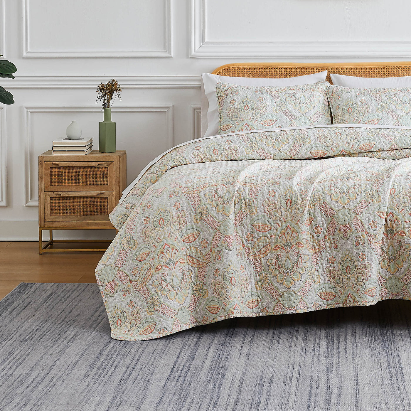 Front View of Bluebell Paisley Quilt Set in Coral Haze#color_bluebell-paisley-coral-haze