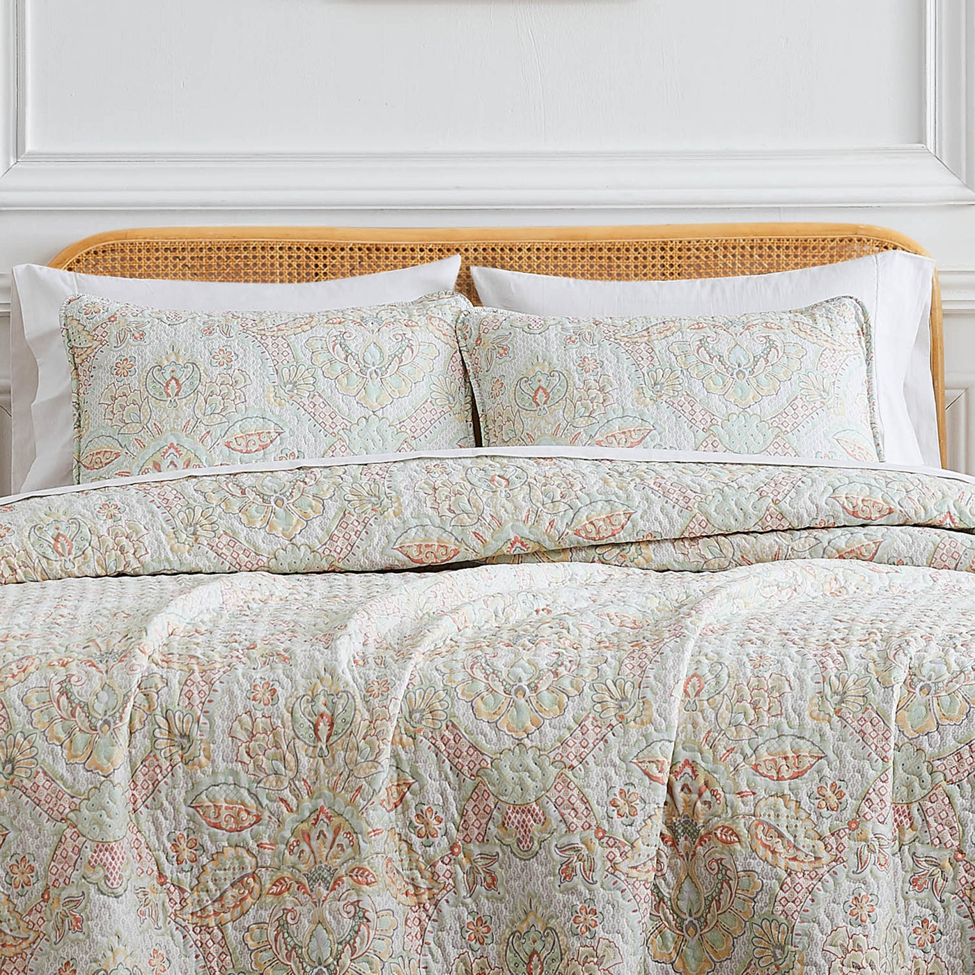 Front View of Bluebell Paisley Quilt Set in Coral Haze#color_bluebell-paisley-coral-haze