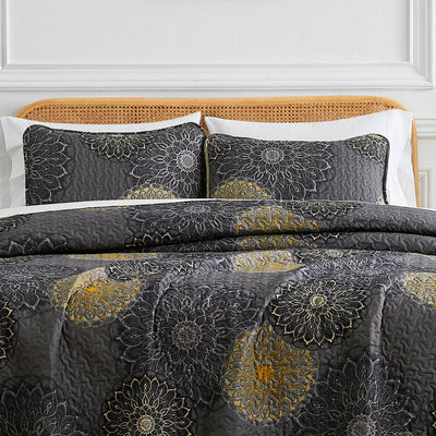 Front View of Dahlia Quilt Set in Black#color_dahlia-black