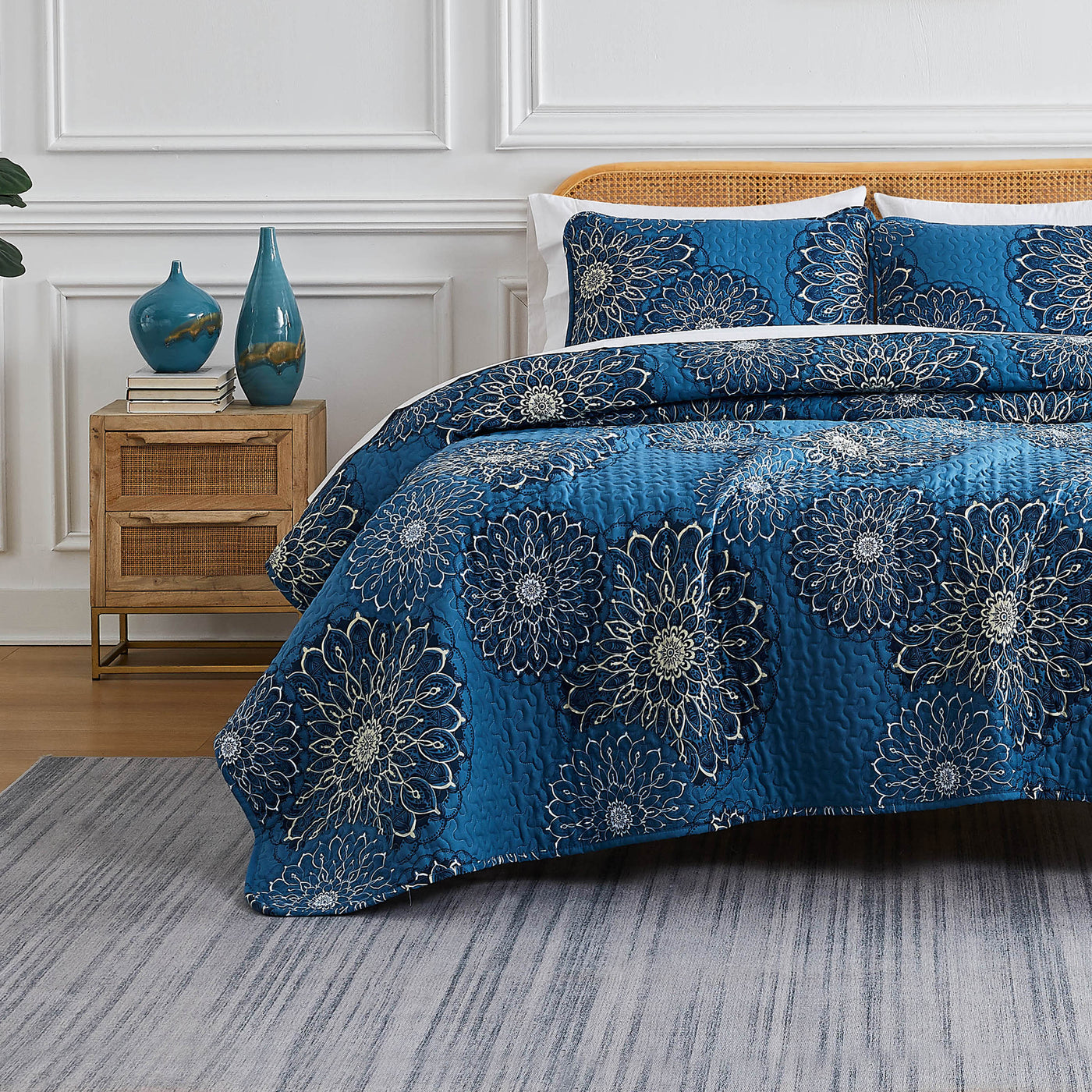 Front View of Dahlia Quilt Set in Blue#color_dahlia-aqua