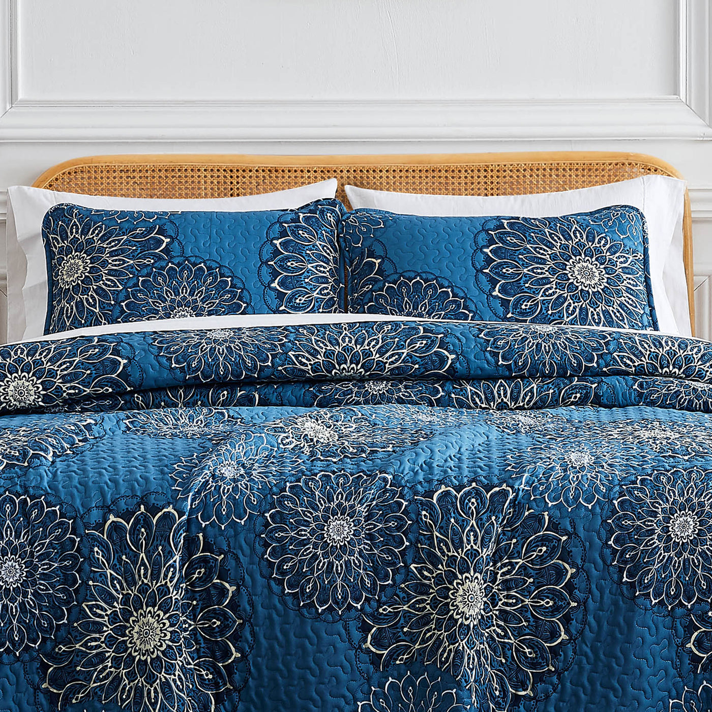 Front View of Dahlia Quilt Set in Blue#color_dahlia-aqua