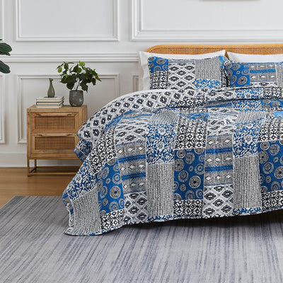 Front View of World Song Quilt Set in Blue#color_world-song-blue