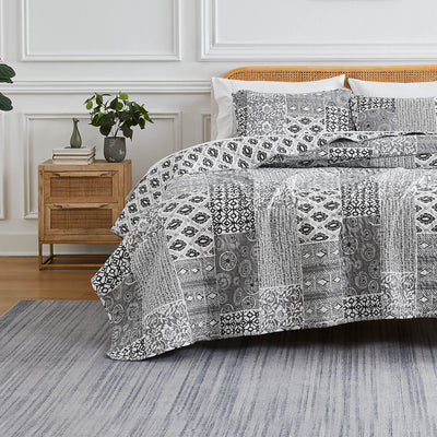 Front View of World Song Quilt Set in Grey#color_world-song-grey