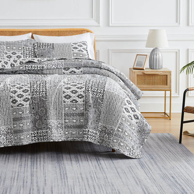 Front View of World Song Quilt Set in Grey#color_world-song-grey