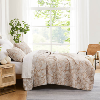 Side View of Sacred Journey Quilt Set in Taupe#color_sacred-journey-taupe