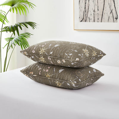 Detailed Shams Image of Floral Daydream Quilt Set in Olive Brown#color_floral-daydream-olive-brown