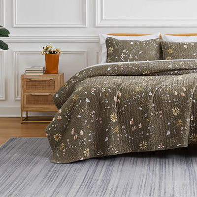 Front View of Floral Daydream Quilt Set in Olive Brown#color_floral-daydream-olive-brown