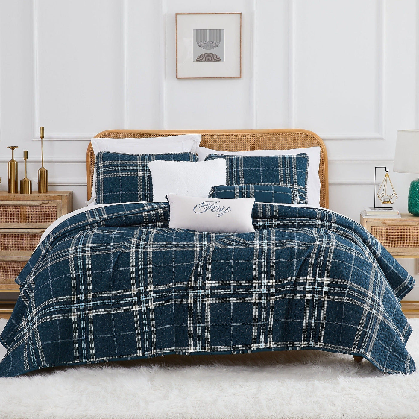 Front View of Vilano Plaid 6-Piece Quilt Bedding Set in Blue#color_plaid-blue