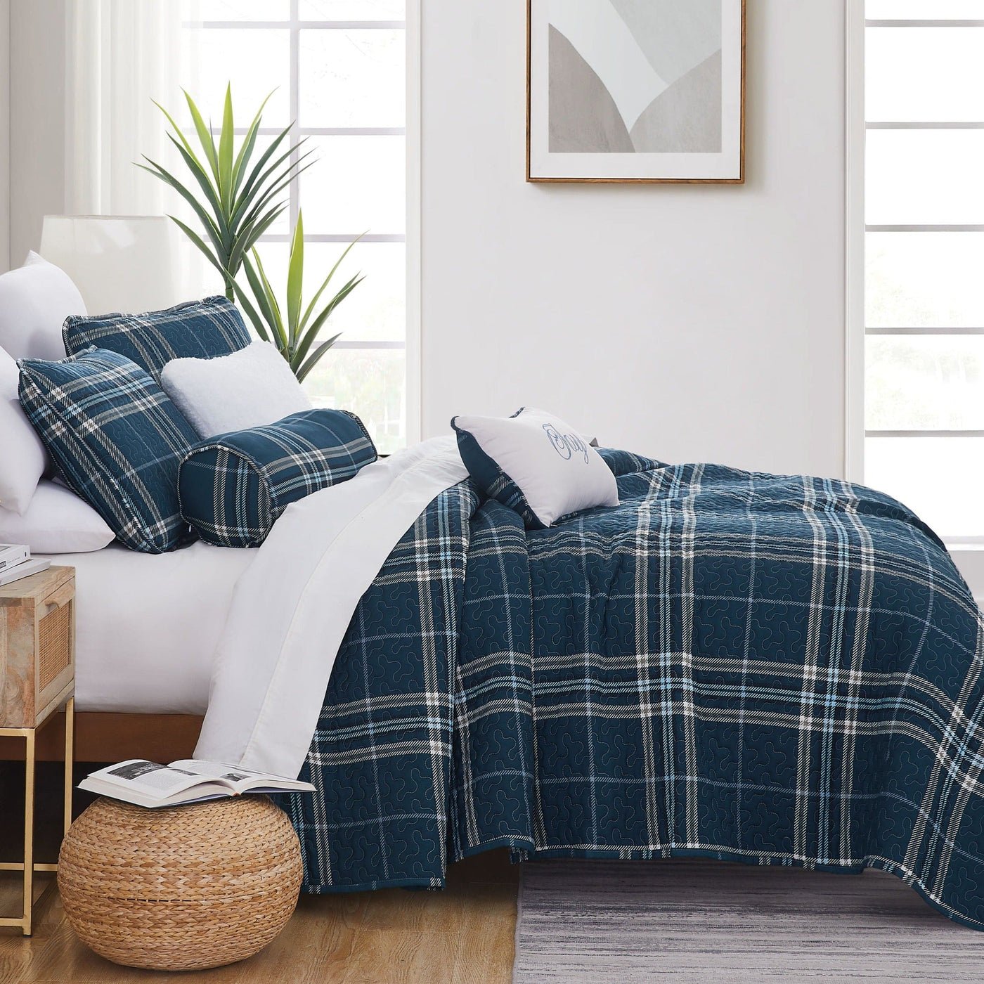 Side View of Vilano Plaid 6-Piece Quilt Bedding Set in Blue#color_plaid-blue